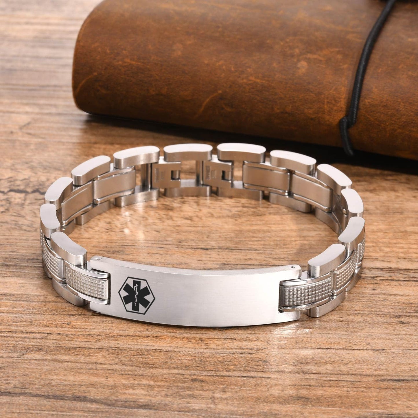 Free Custom Engraving Medical ID Bracelet Heavy Masculine Elaborate Men's Medical Alert Bracelet Wristband Jewelry for Dad Customizable & Waterproof,Silver