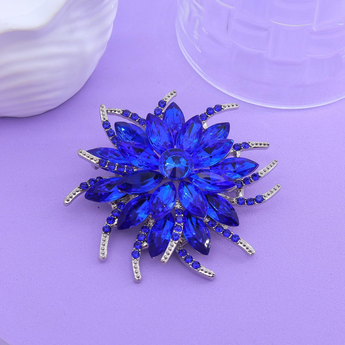 Rhinestone Large Flower Brooches Pins for Women Fashion Sparkly Crystal Sunflower Statement Brooch Unique Wedding Party Suit Dress Jewelry Accessories (Blue2)