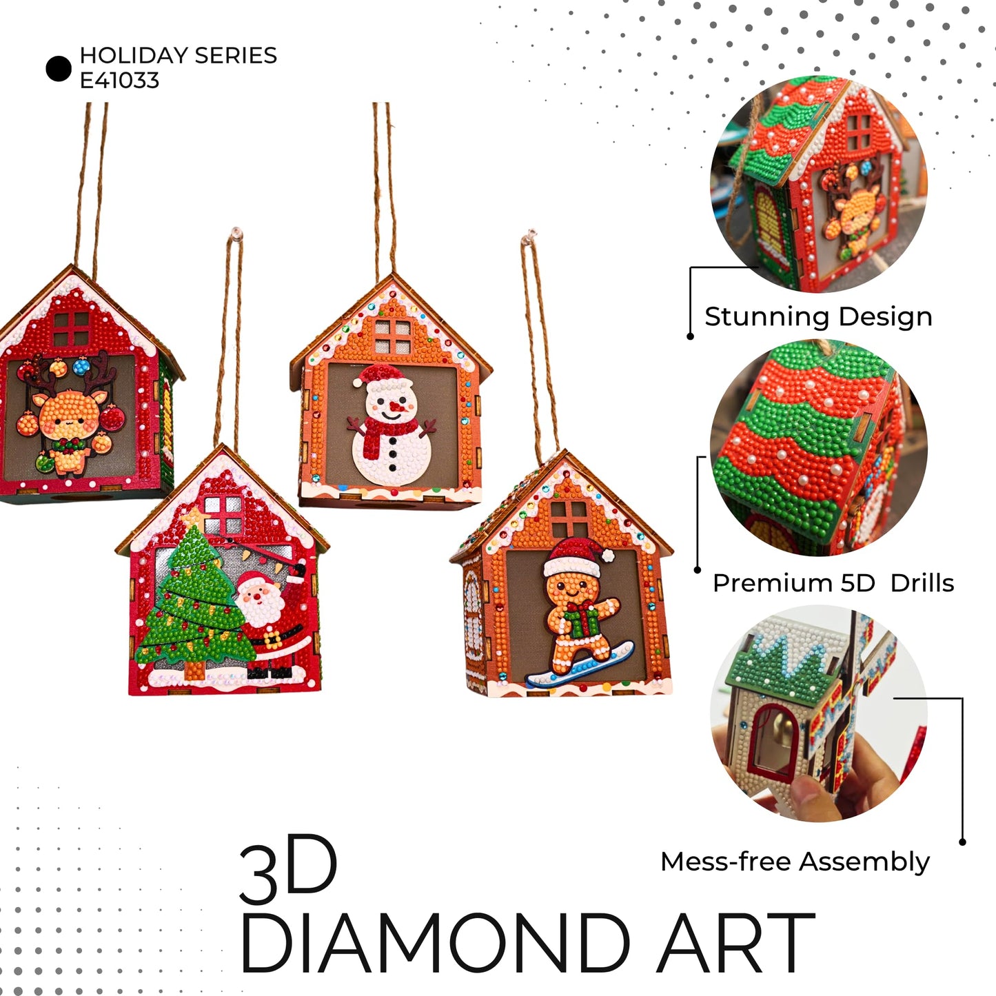 Party Ready LED Light-Up Diamond Painting Christmas Houses – DIY Rhinestone Mosaic Wooden Ornament Set, Holiday Tabletop Decor, Kids Craft Kit (Four Ornament Set)