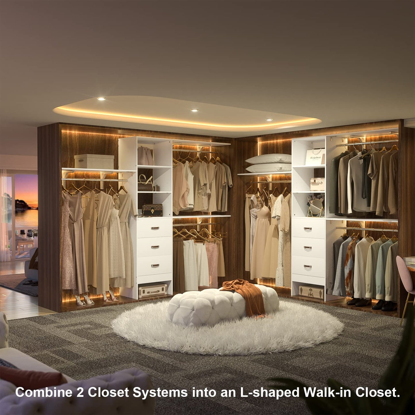 iSunirm 8FT Closet System, 96'' Closet Organizer System with 3 Hanging Rods, Wall Mount Bedroom Wardrobe with 3 Drawers Walk-in Closet, Adjustable Cloth Garment Rack from 5 to 8FT (Cut to Fit), White