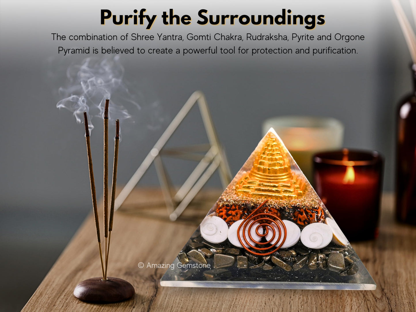 Amazing Gemstone Orgone Pyramid for Money Magnet Pyrite Crystals with Rudraksha, Gomati Chakra, Shree Yantra - Authentic Orgonite & Organite Gifts to Atrract Money Wealth Pooja, Financial Growth