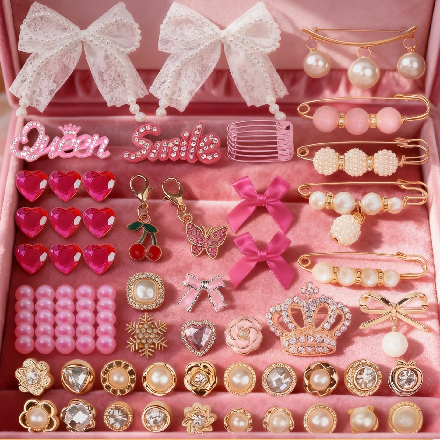Molirex 80 Pcs Shoe Charms for Sneakers Women Junk Socks Charms Kit with Pearl Shoelace Gold Brooches and Pins, Rhinestone Pink Bows Charm Set