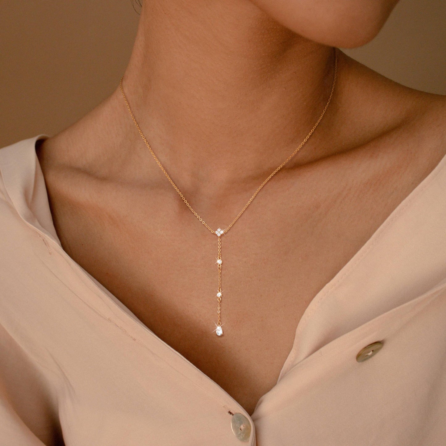 CHESKY Dainty Long Gold Necklaces for Women Trendy, Lariat Y Necklace 14k Gold Plated Layered Drop Necklaces Simple Handmade Cz Pendant Chain Gold Jewelry for Women Gifts