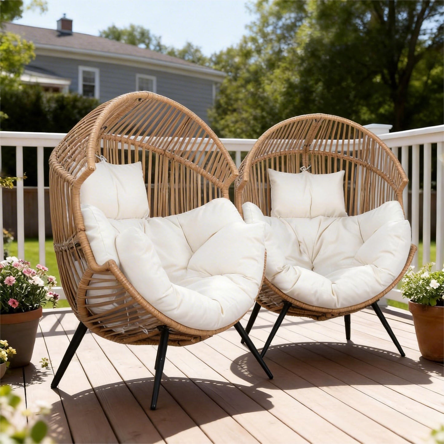 Oversized Outdoor Wicker Egg Chair Set of 2, Patio Lounge Chair Basket Seat with Thick Cushion, All Weather Indoor Outdoor Porch Rockers for Balcony, Living Room, Lawn Garden