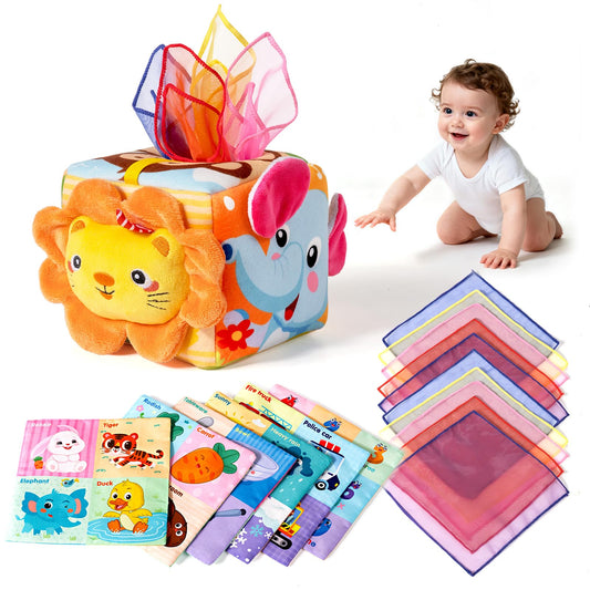 Baby Tissue Box Toy - Montessori Sensory Toys for 6-12 Months Infant, Baby Toys 6 7 8 9 Month - 1 Year Old with 6 Crinkle Tissues & 10 Scarves, Developmental Tissue Pulling Toy Boy Girl Birthday Gift