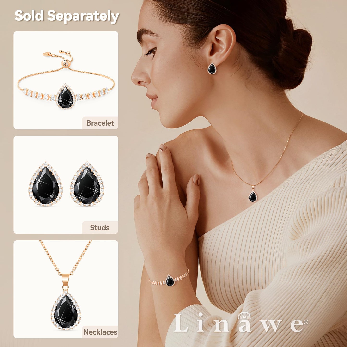 Linawe Black Crystal Chain Necklace for Women Rose Gold, Imitation Diamond Pendant Boho Cubic Zirconia Birthstone Rhinestone Teardrop Necklace, Preppy wedding Costume Jewelry Set