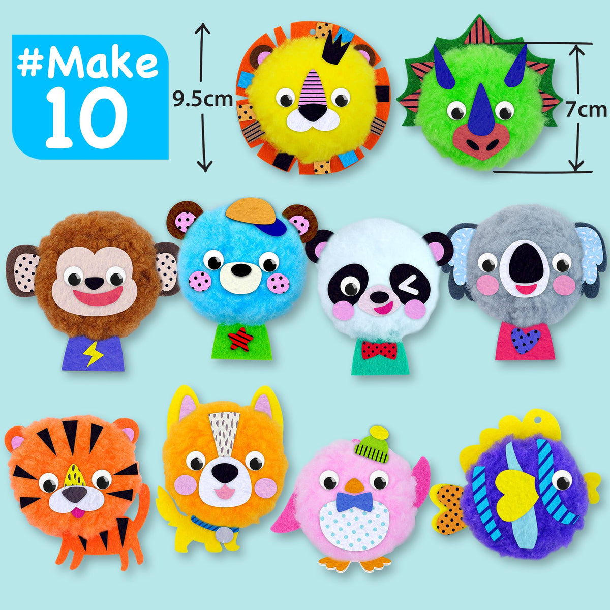 EZCRA Big Pom Pom Animal Craft Kit for Kids Ages 4-6 - DIY Pom Pom Crafts for Girls Boys Toddlers - Make 10 Plush Animals - Mess Free Arts and Crafts Kit