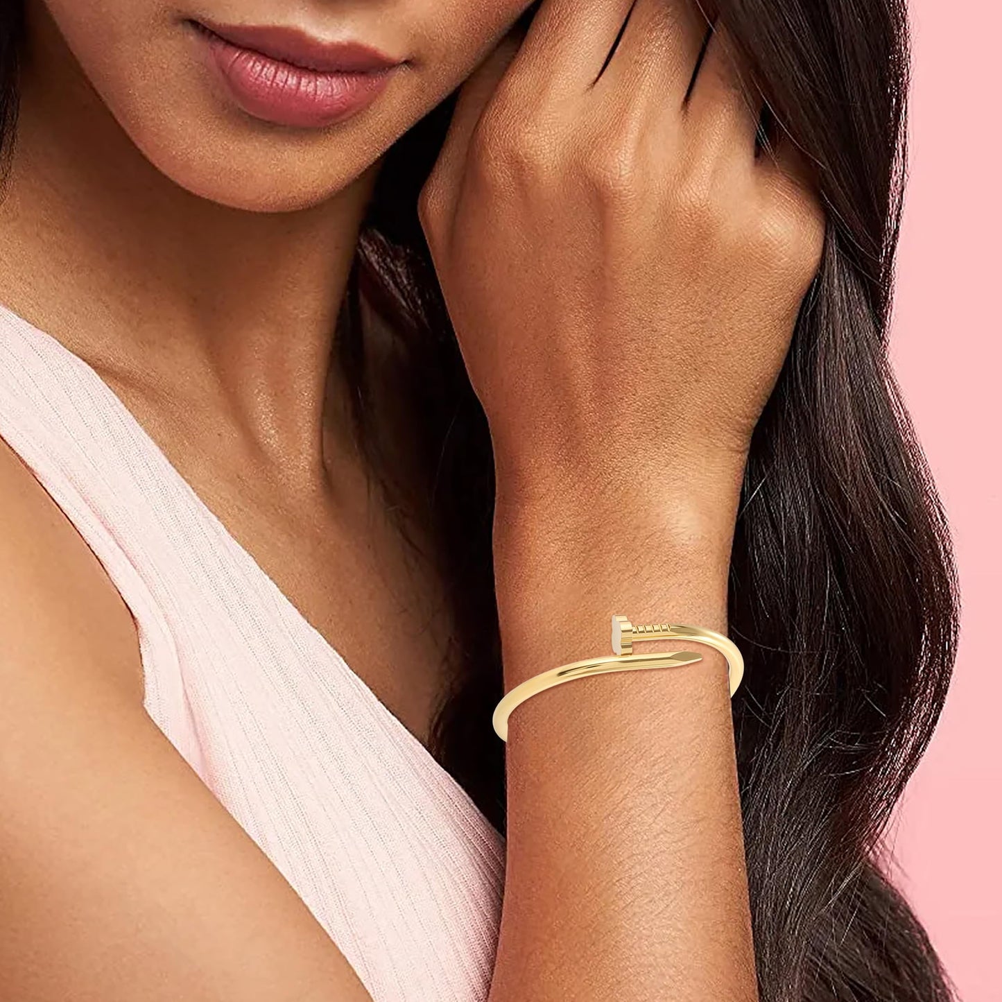 Acnode Gold Bangle Bracelets for Women -2PCS Friendship & Love Bangle Bracelet Clover Nail Bracelet Stack Set Trendy Non-Tarnish Stainless Steel Jewelry Gifts for Mom Wife Her