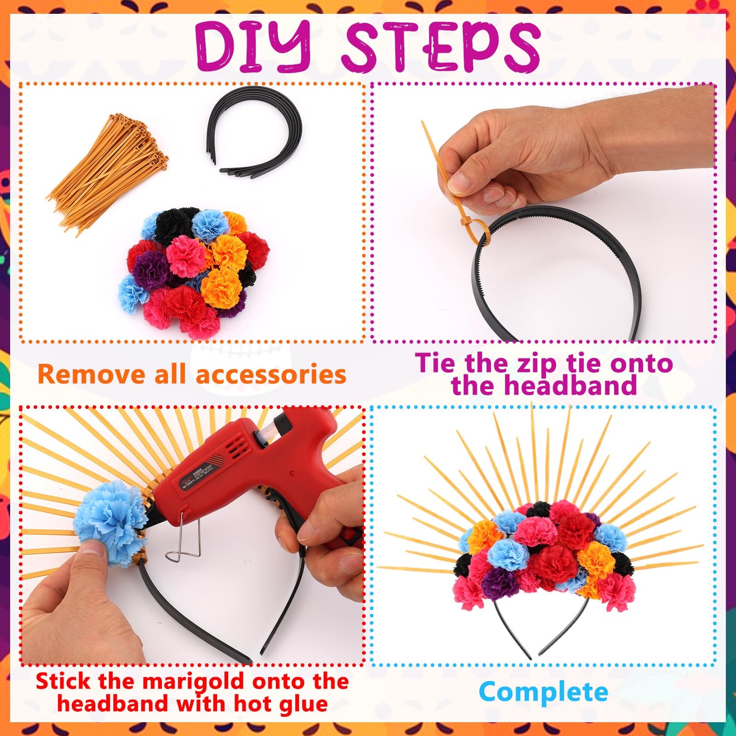 HFYZZ 290 Pcs Day of the Dead Floral Headpiece DIY Mexican Flower Halo Crown Headband for Women Halloween Cosplay Hair Accessories