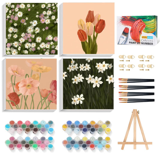 4 Pack Framed Paint by Numbers Kit for Adults Beginner with Wooden Easel, Vintage Flowers Easy Paint by Numbers with Frame, DIY Floral Number Painting for Adults Canvas for Home Decor Gift 10x10 Inch