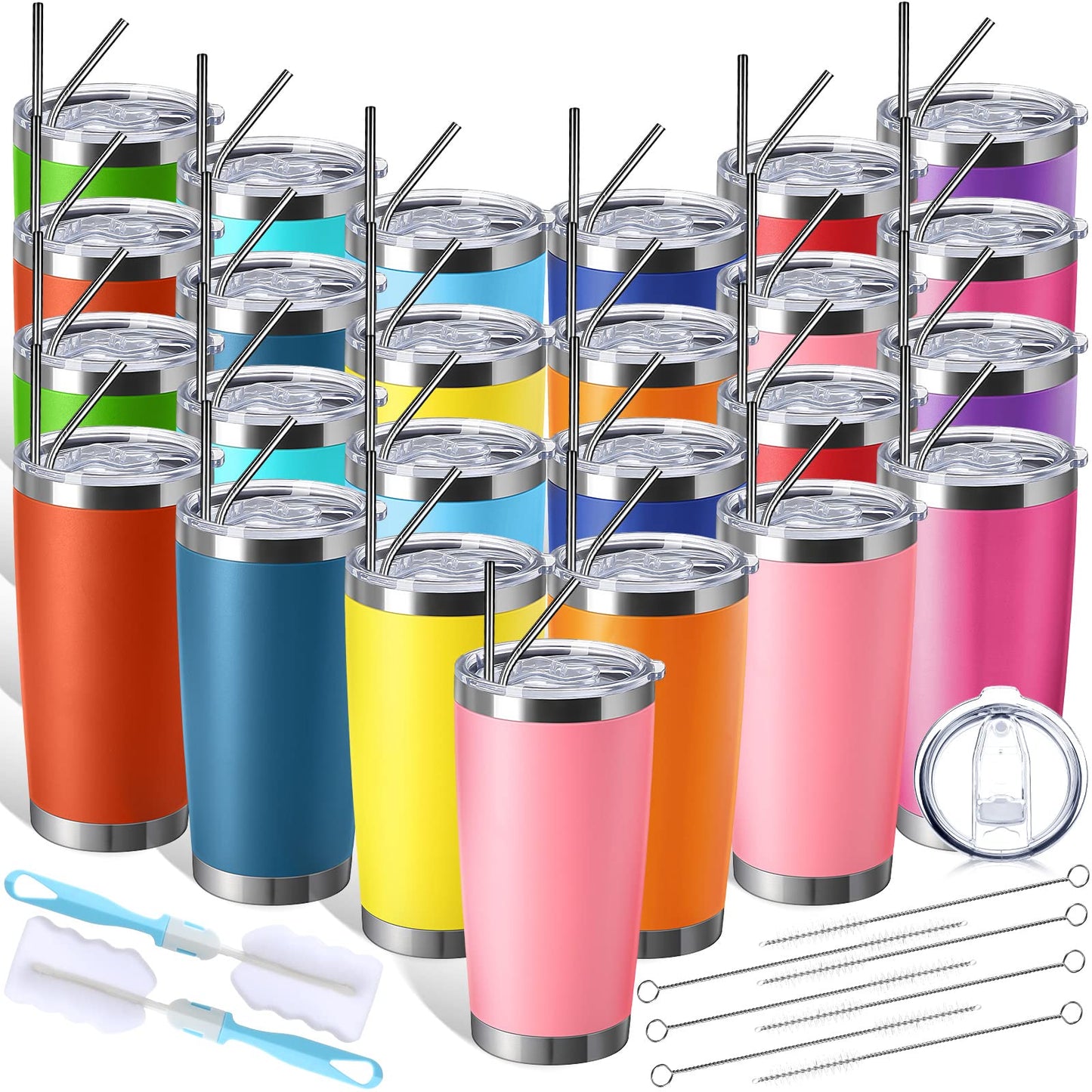 Sieral 25 Pack 20oz Tumbler Bulk Stainless Steel Cups Double Wall Vacuum Insulated Travel Mug Bulk Durable Tumblers with Lid and Straw Powder Coated Coffee Cups (Stylish Color)