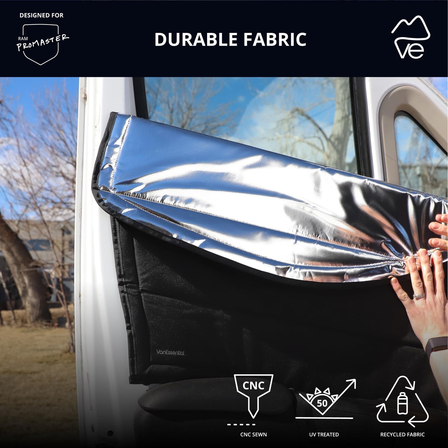 VanEssential Insulated Reflective Blackout Front Door Window Covers Designed for RAM Promaster Van Years 2014 to Current Model (Pair) - Charcoal Gray Reflective