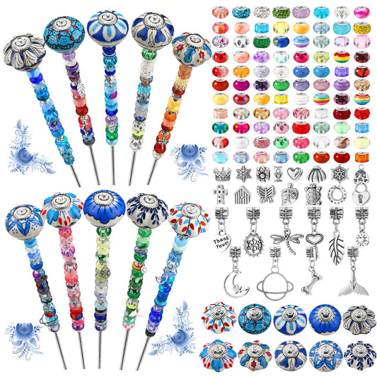 Silipull 255 Pcs 14 Inch Christmas Garden Stakes Decorative Blue and White Porcelain Ceramic Round Beaded Garden Stakes Decor Fairy Sticks for Indoor Outdoor Yard Lawn Pathway Patio Decoration