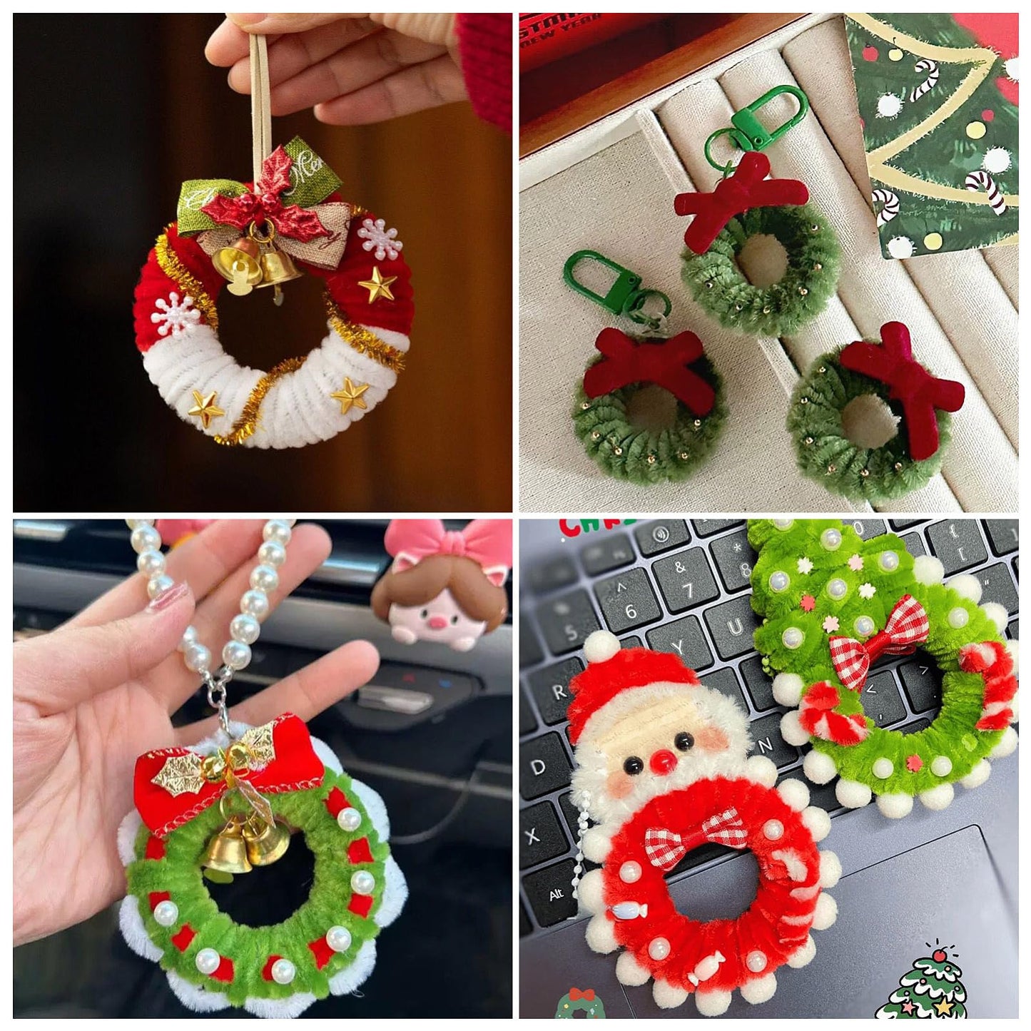 Magibeads Christmas Wreath Making Kits 80Pcs Pipe Cleaners 6Pcs Wood Linking Rings Aluminum Bell Charms Cute Plastic Beads Resin Cabochons for Christmas Decorations Holiday Party Supplies Adults