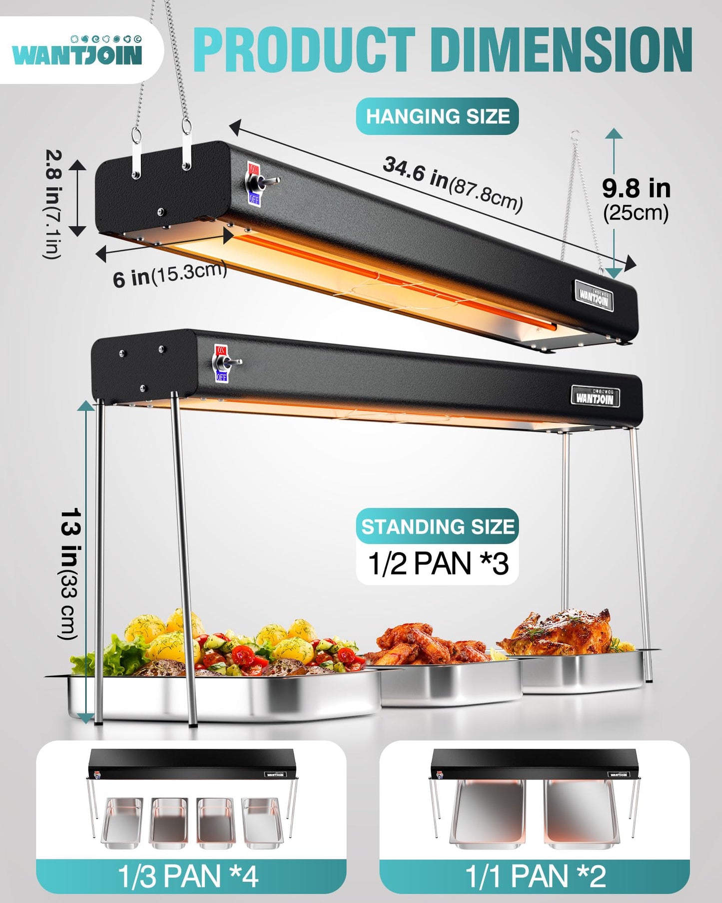 WantJoin Food Heat Lamp - 35 Inch Commercial Food Warmer Lamp Strip, 750W 86-176°F/30-80°C Electric Aluminum Hanging & Freestanding Dual-Use Heat Lamps for Kitchen Catering Restaurant Buffet, Black