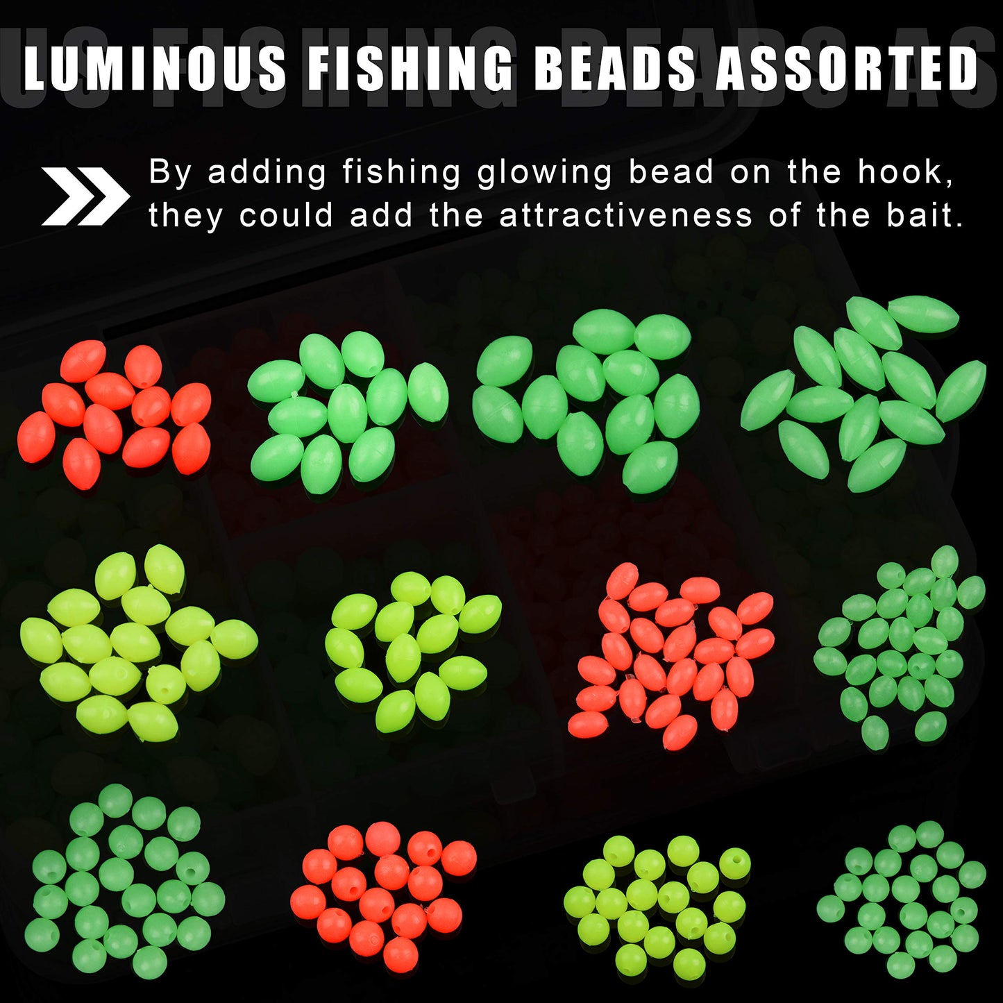 AGOOL Fishing Beads Assorted Set, 1000pcs Glow Beads Fishing Bait Eggs Soft Plastic Oval Round Luminous Beads Fishing Line Beads Fishing Lures Fishing Tackle Tool for Deep Drop Fishing Night Fishing