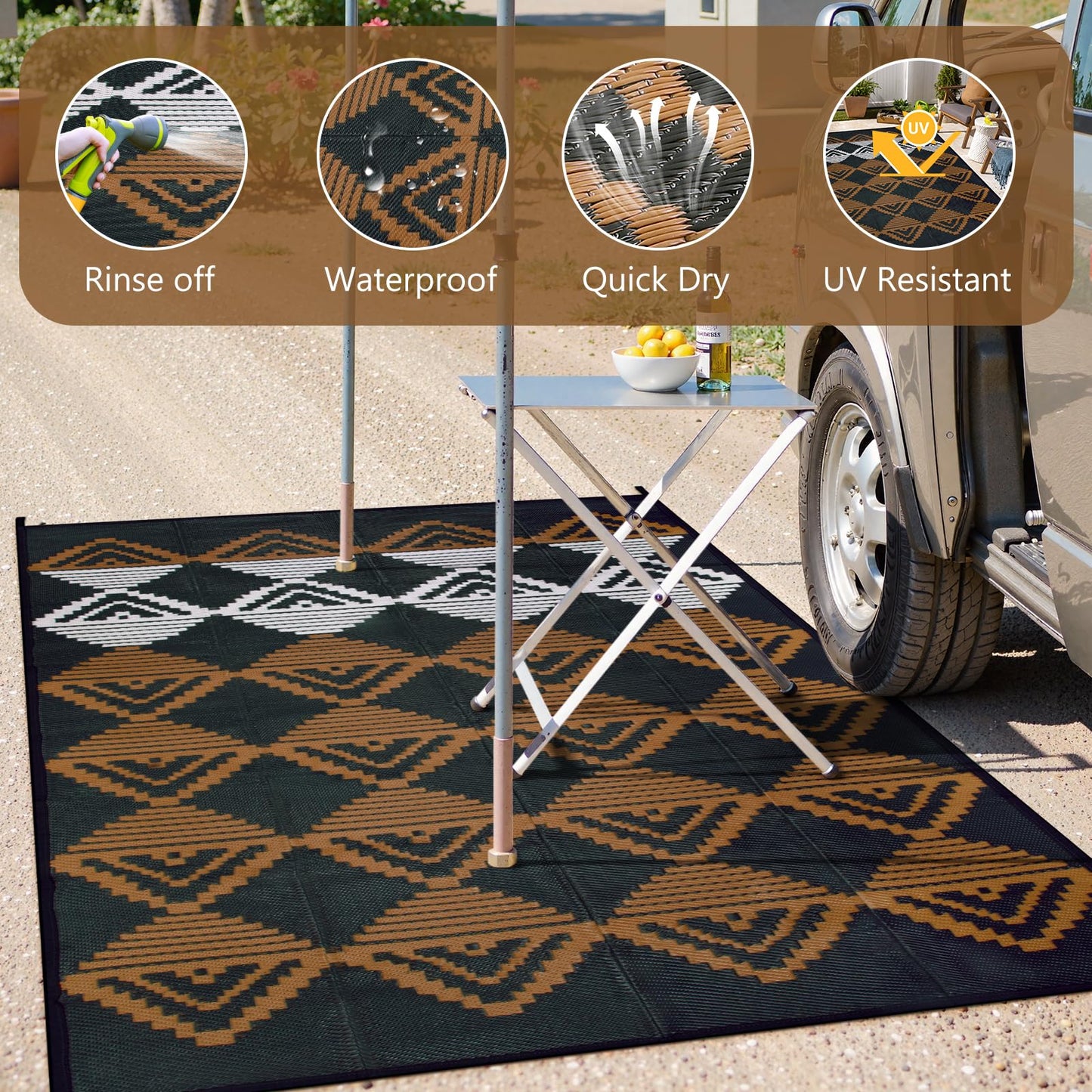 Lahome Outdoor Rugs 8x10 Waterproof, Reversible Plastic Large Outdoor Rug for Patios, Outside RV Mat Carpet for Patio Deck Porch Backyard Balcony Picnic Trailer (Black/Brown, 8' x 10')