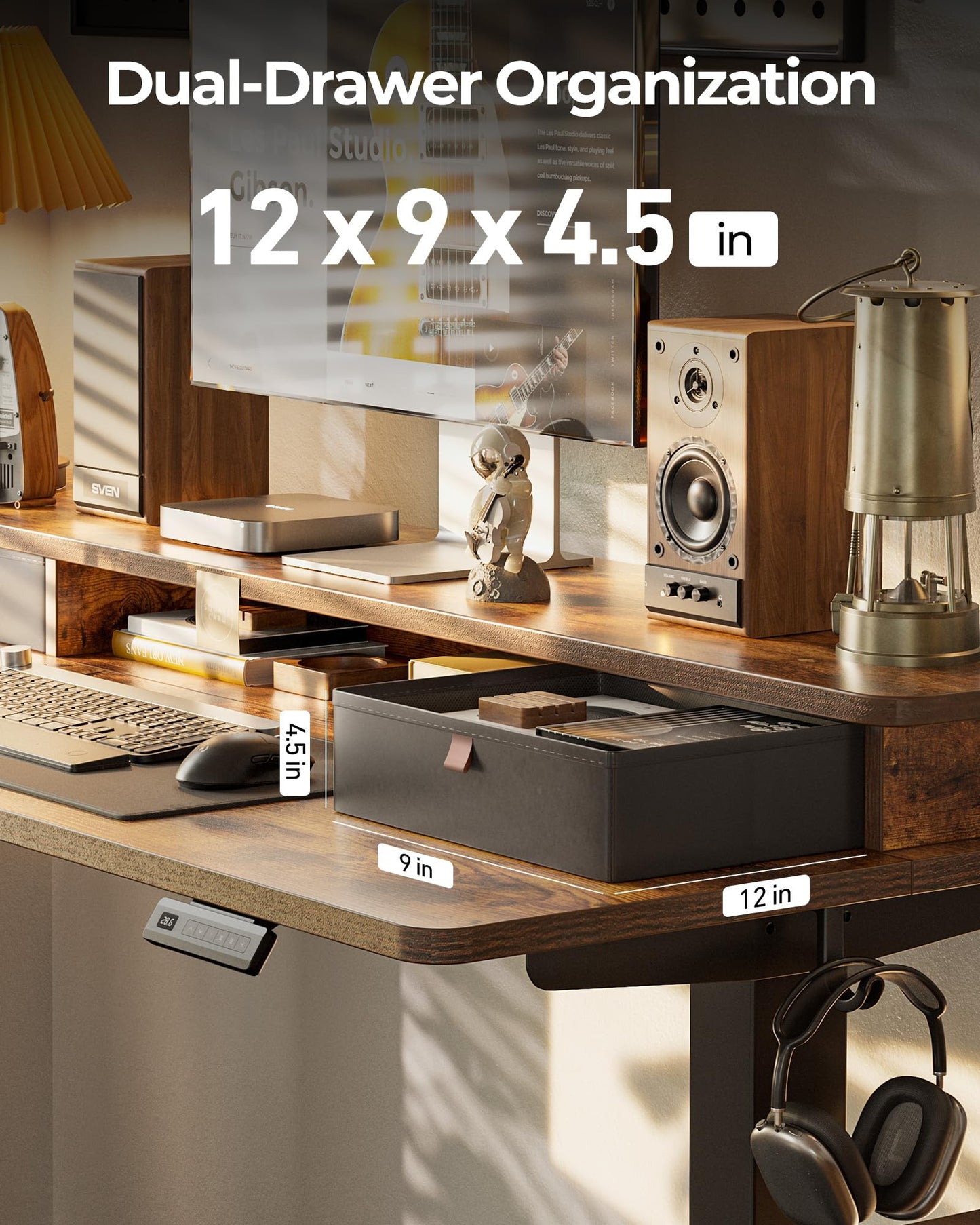 TENKIA 55x24 Inch Electric Standing Desk with Double Drawers, Adjustable Feet & Hooks, Ergonomic Home Office Workstation, Rustic Brown