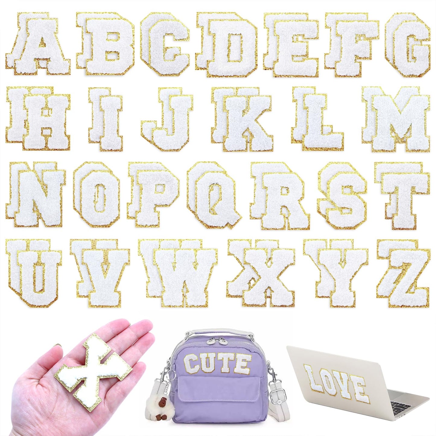 WNSIRVY 52 Pcs Chenille Letter Patches Self Adhesive Iron On Patches for Backpacks, 2.17 Inch Glitter Letter Stickers Preppy Varsity Chenille Patches for Clothing Jackets Hat Laptop (White Letters)