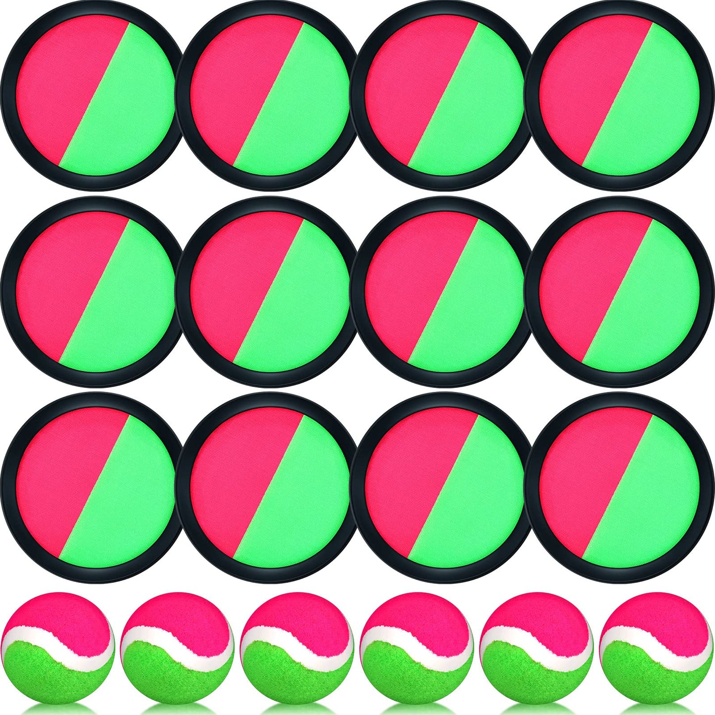 Charniol Kids Toys Toss and Catch Game Set Beach Game Outdoor Ball Sports Games Toss and Catch Ball Nylon Toys for Kids Adults (Pink, Green, Black,12 Paddles 6 Balls)