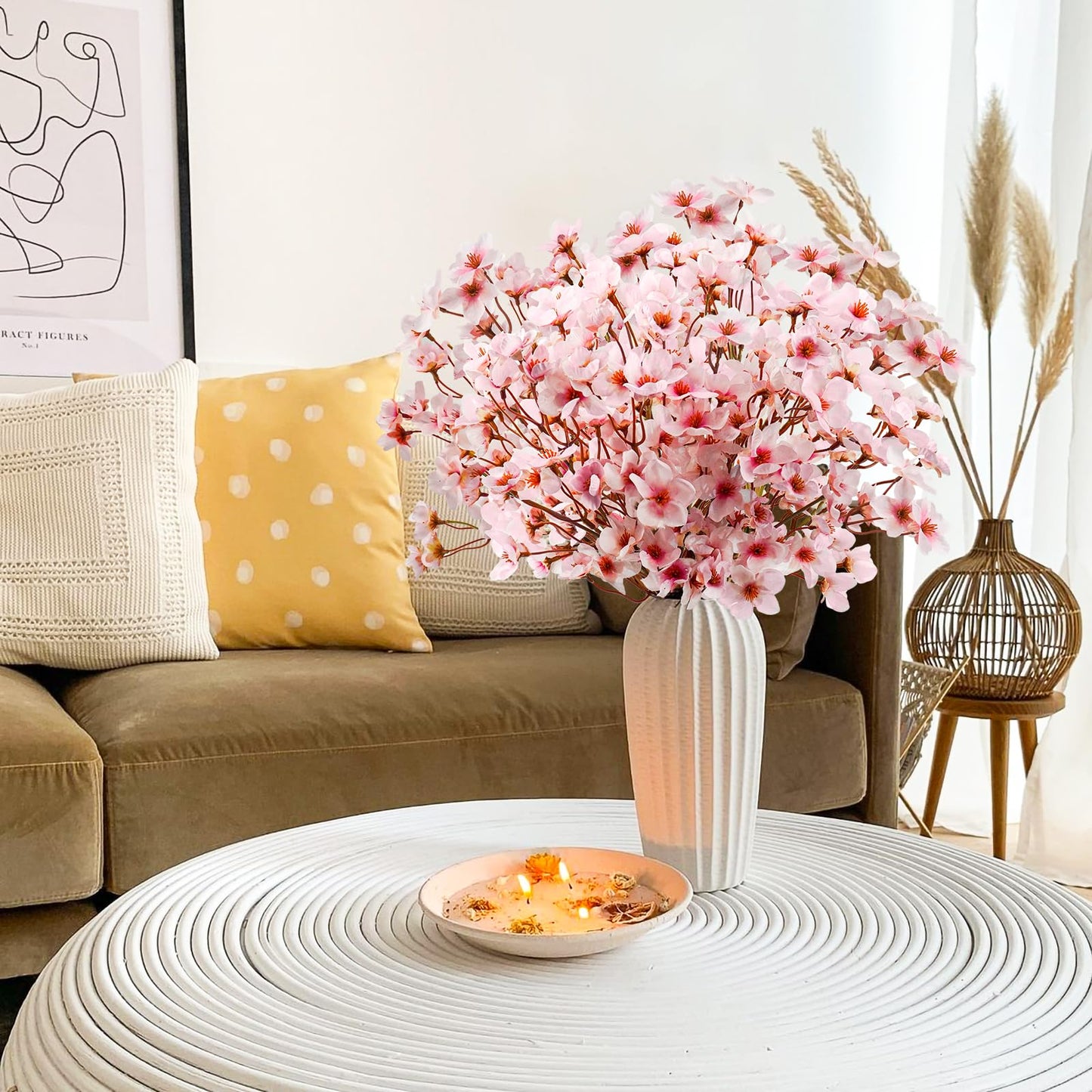 obbsie 24Pcs Artificial Cherry Blossom Flower, Faux Silk Peach Blossom Branches Fake Plum Blossom Flowers Stems Arrangements for DIY Home Wedding Table Centerpieces Vase Decor