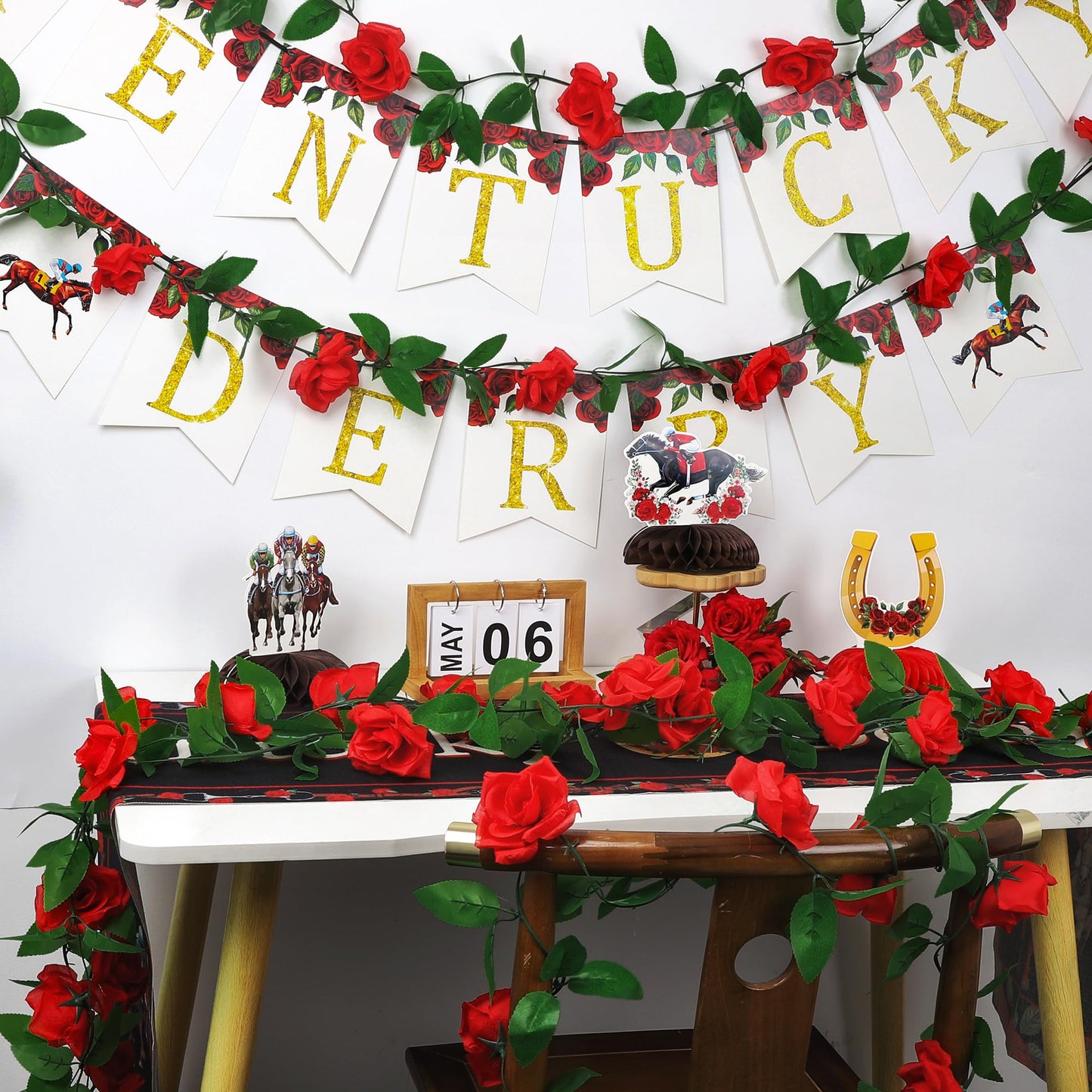 Arrowom Kentucky Roses Decorations, 48FT Roses Derby Party Supplies Fake Vine Flowers Plants, Derby Rose Artificial Flower Hanging Rose Home Party Garden Craft Art Decorations