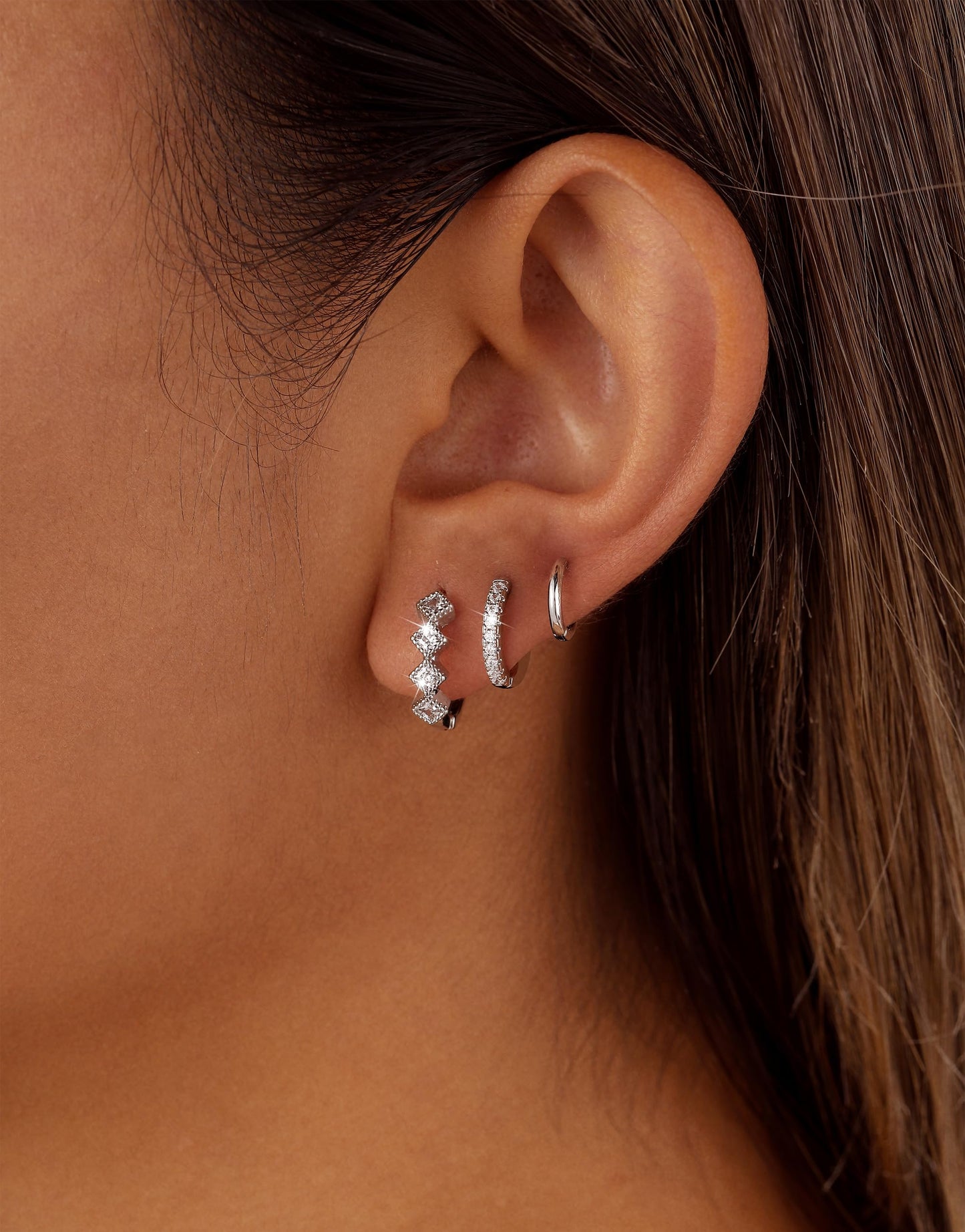 CAROVO 3 Pairs Silver Hoop Earrings for Women Trendy Dainty 14K Gold Plated Cubic Zirconia Huggie Hoop Earrings Stack for Multiple Piercing Jewelry