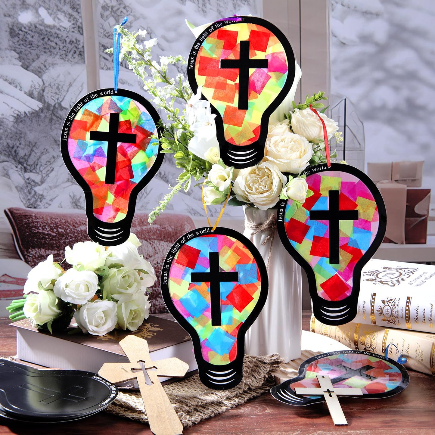 Eaasty 32 Sets 2026 Vbs DIY Jesus Light Craft Kit, Illumination Themed Christian Suncatcher Light Bulb Cross Stained Glass Art for Easter Sunday School Back to School Activities (Crafts)