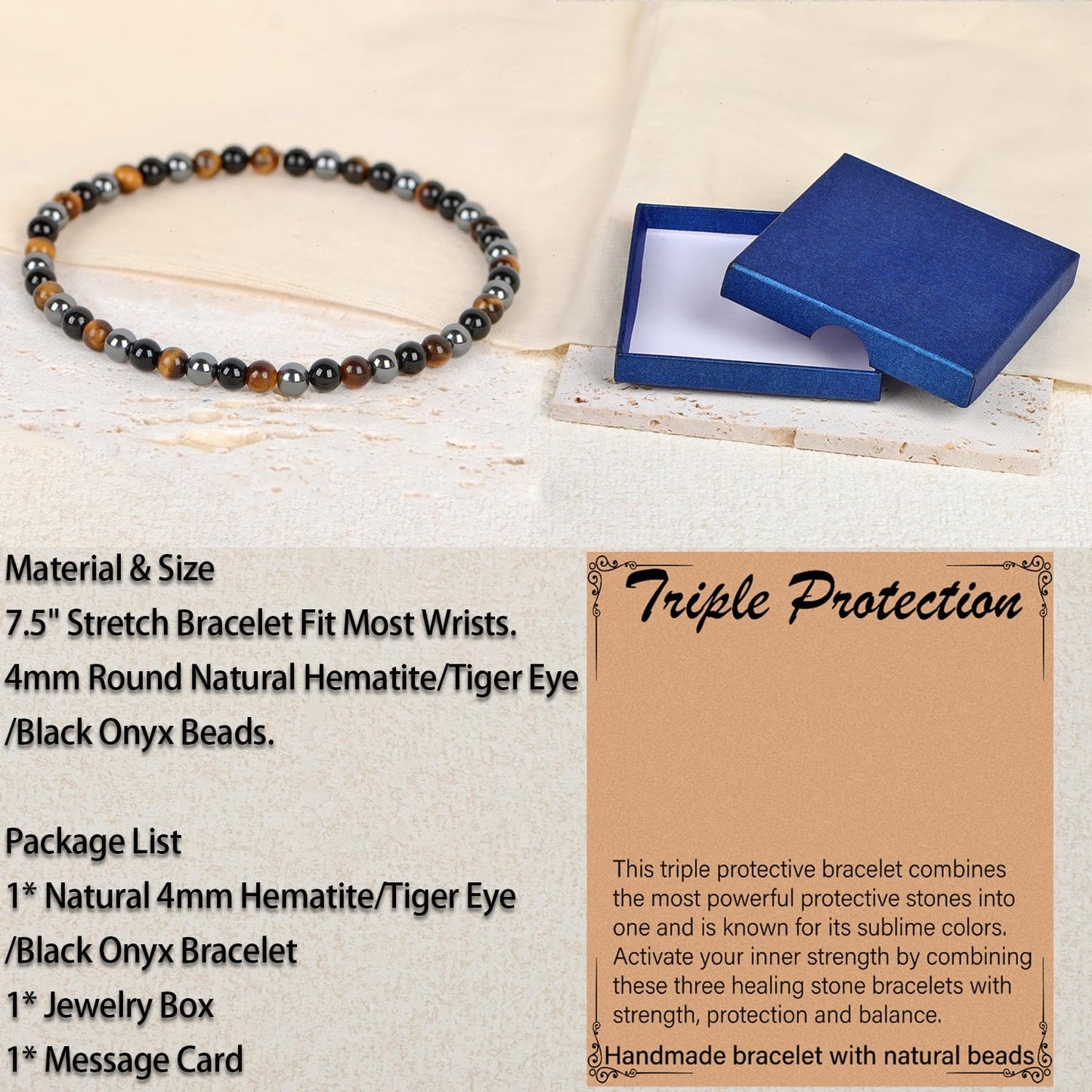 LPBeads Handmade Natural Gemstone Stretch Elastic 4mm Onyx Tiger Hematite Mixed Stone Bracelet Healing Crystal Round Stone Beads Jewelry Gifts for Women Men