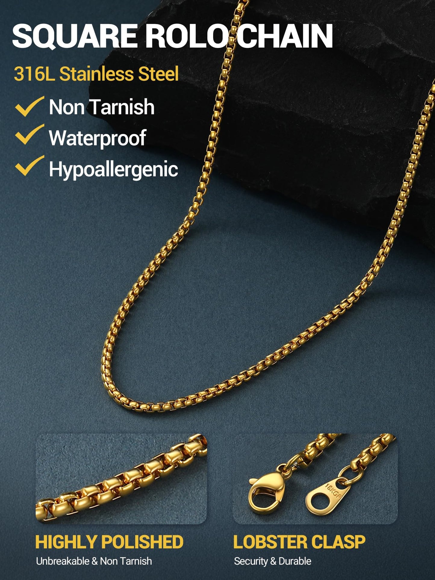 PROSTEEL Squre Rolo Link Chains, 18K Gold Chain Necklace Waterproof & Non Tarnish 3mm Stainless Steel Link Chains for Men and Women Jewelry with Gift Box 20in