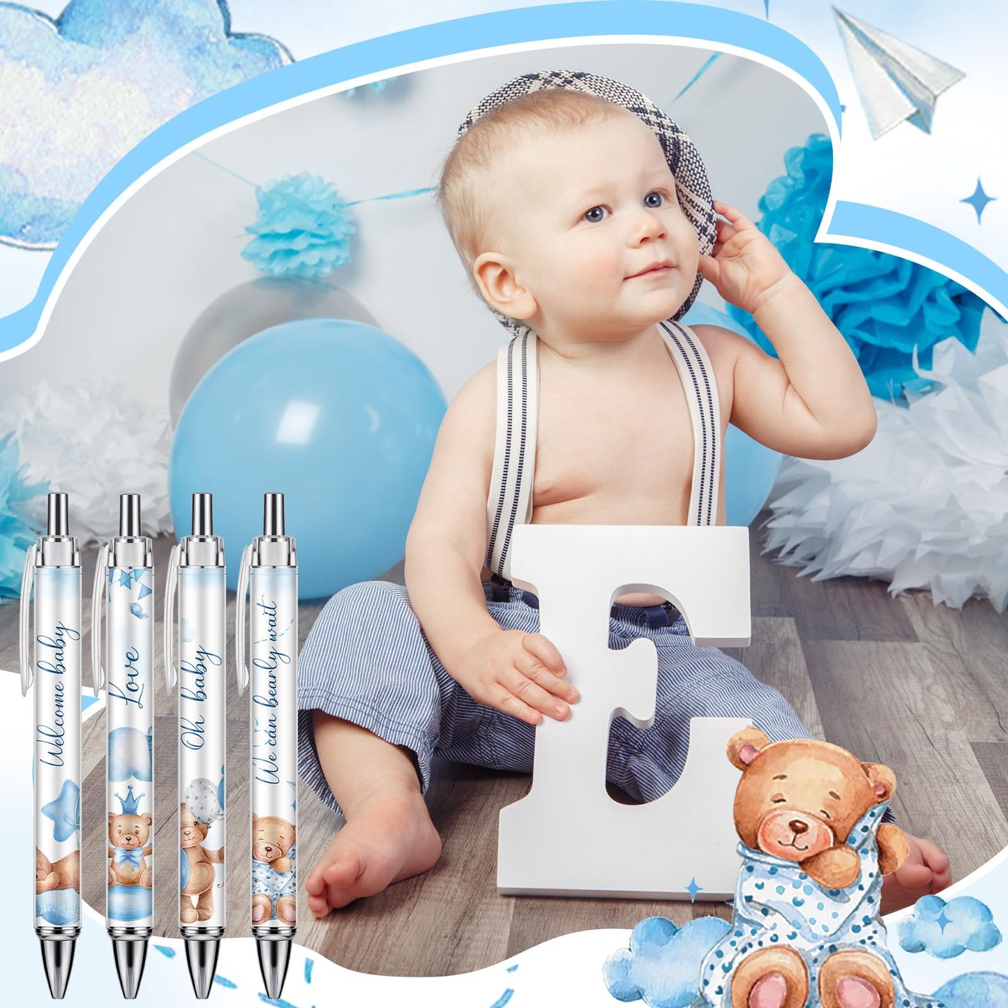 Chuangdi 48 Pcs Baby Shower Pens, Bulk Party Favors for Guests, Retractable Ballpoint Pens Black Ink, Baby Shower Gifts & Game Prizes(Cute Bear)