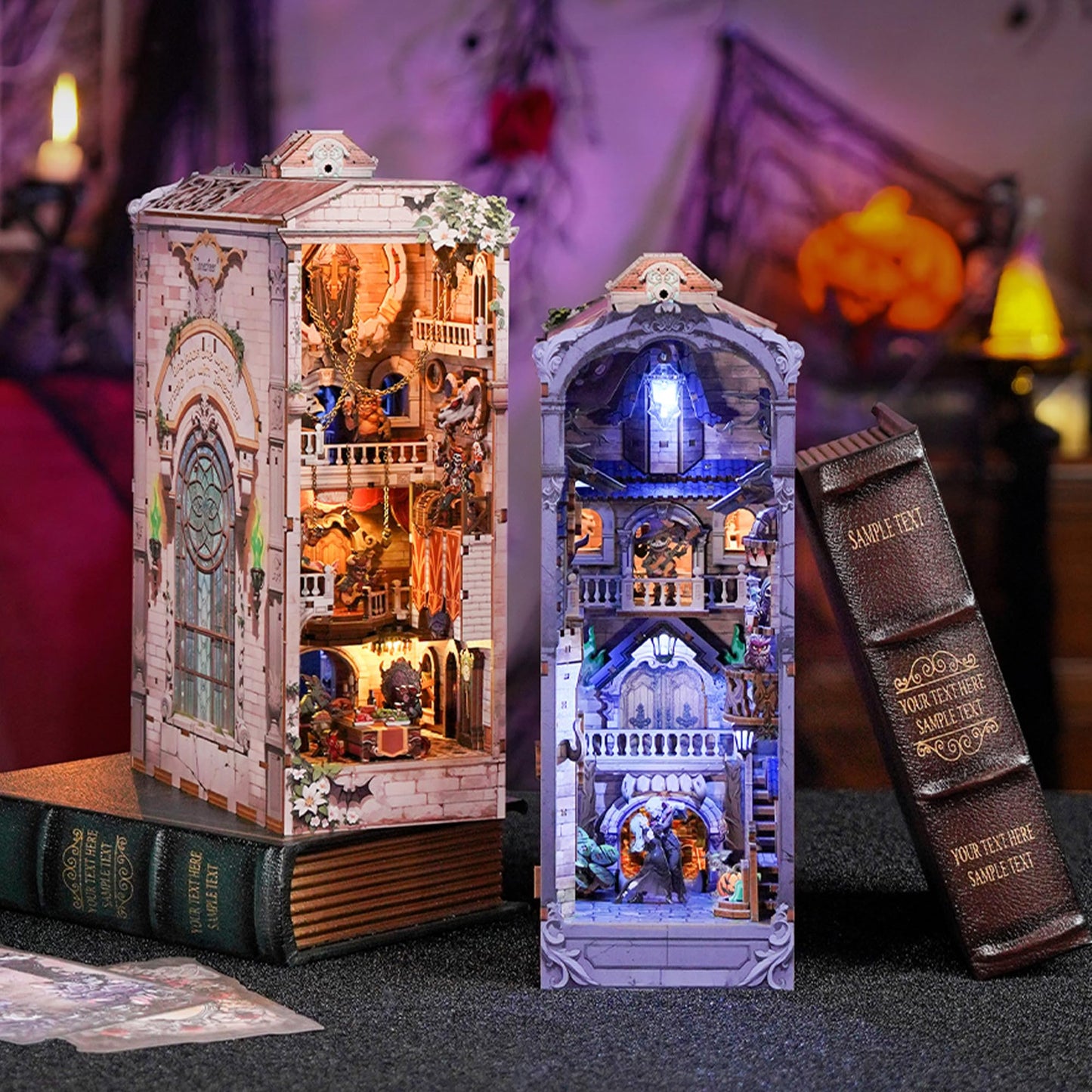 Tonecheer DIY Book Nook Kit for Adults, Double-Sided Booknook Wooden 3D Puzzle Bookend Miniature House Kit, Fantasy Bookshelf Decor with Dust Cover and LED Light for Birthday Gifts (Monster Carnival)