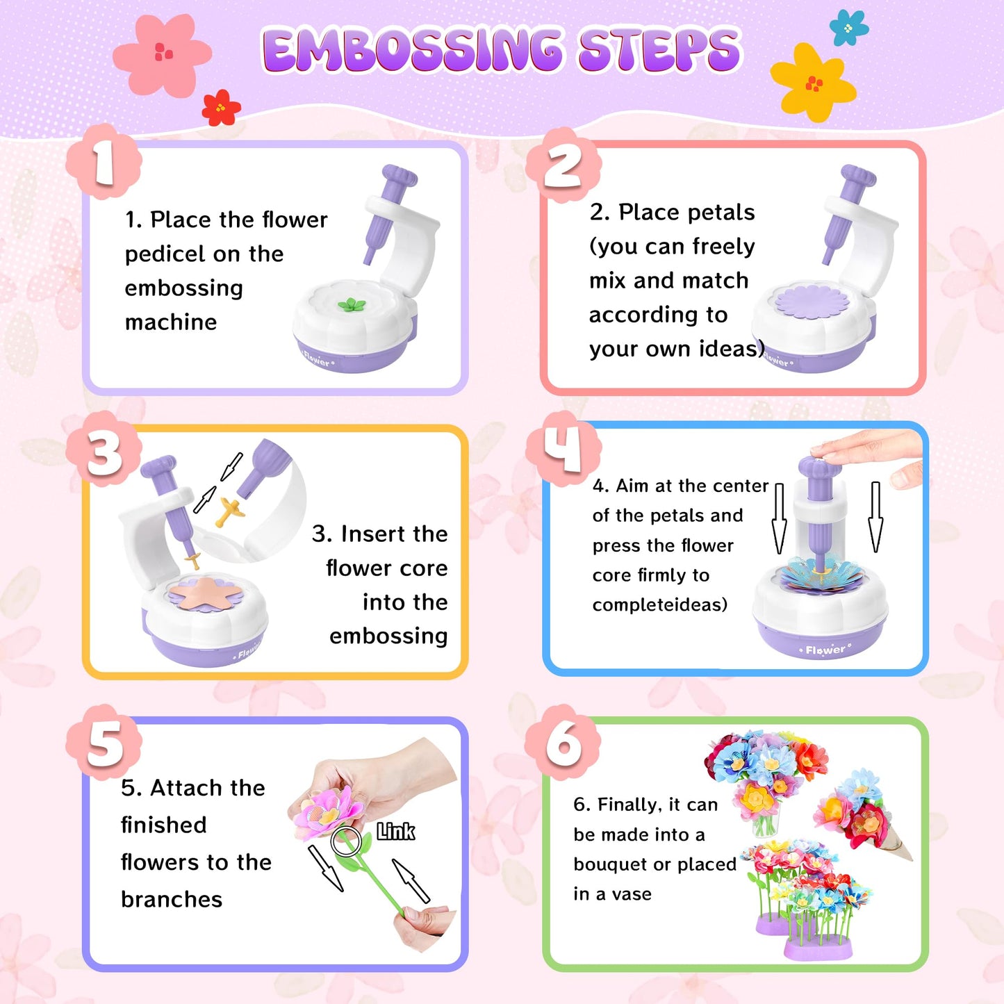 GirlsHome 300+PCS Fabric Flower Bouquets Toys, DIY Flower Making Kit for Kids, Reusable Arts and Crafts for Kids, 2 Gameplays STEM Educational Preschool Toy, Birthday Gifts for 3 4 5 6 7 8+ Years Old