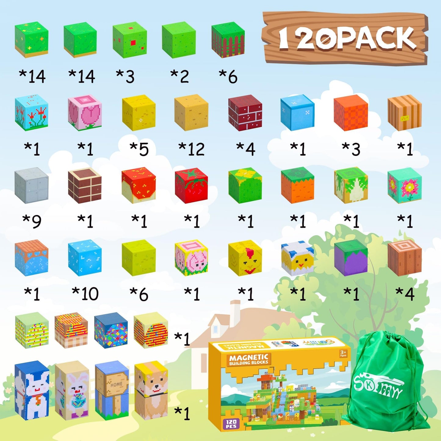 SKTMYY Magnetic Blocks-120pcs Farm Magnetic Building Blocks for Kids, STEM Sensory Magnet Blocks Cubes Toys for Toddlers Boys & Girls Ages 4-8