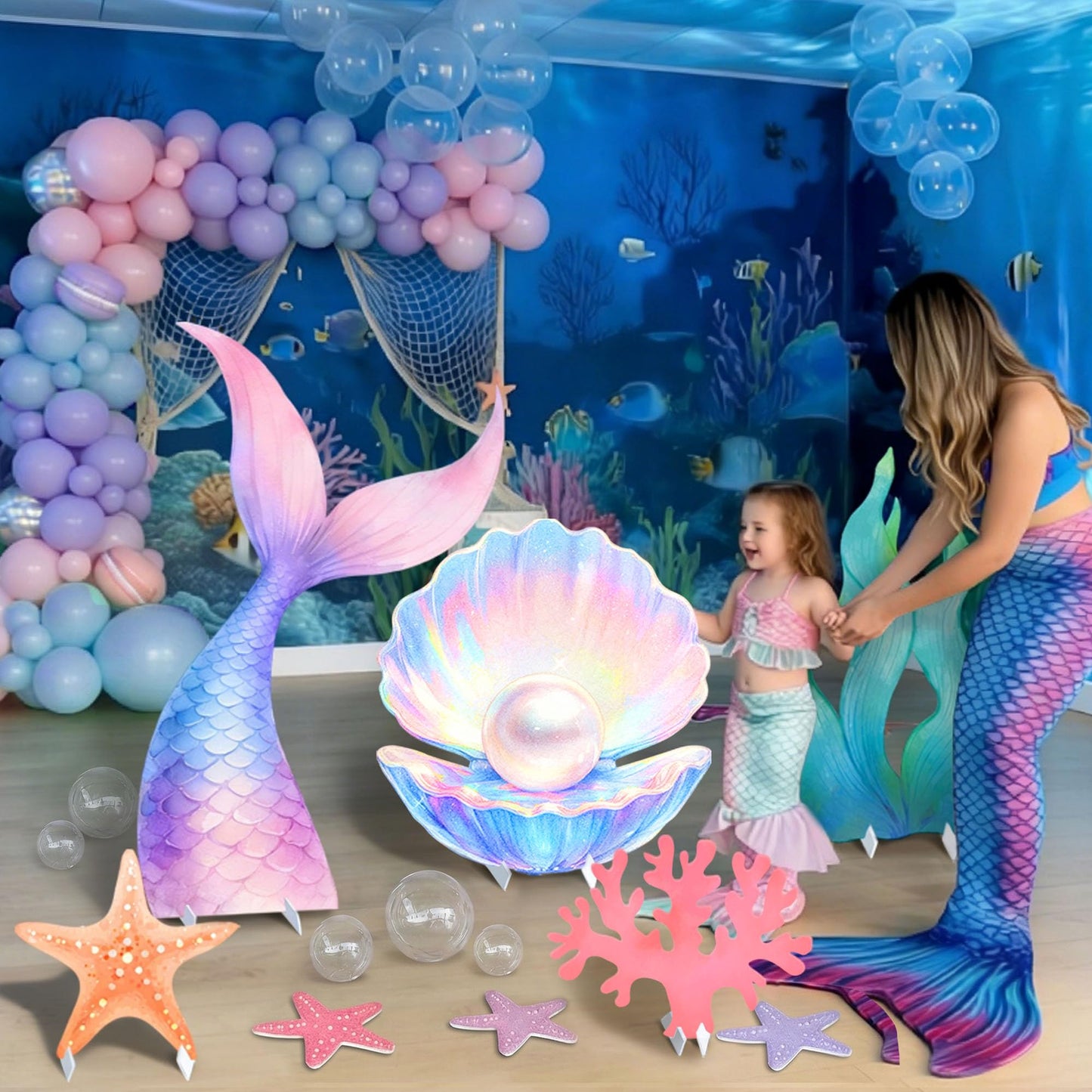 CORALMEE 5 Pcs Large Under the Sea Party Decorations Mermaid Birthday Decorations, Ocean Theme Party Supplies Mermaid Tail Shell Starfish Seaweed Coral Stand Up Cardboard Cutouts for Baby Shower