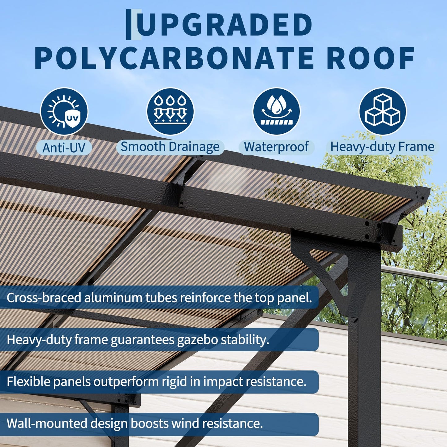 10x14 FT Heavy Duty Wall Mounted Gazebo Pergola,All-Weather Lean to Gazebo with 6mm Anti-UV Polycarbonate Roof & Pre-Drilled Post Bases,Metal Frame Awning,Hard Top Gazebos for Outdoor Deck & Backyard