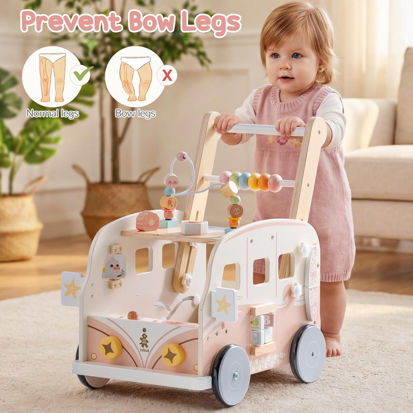 ROBUD Wooden Baby Walker, Height & Speed Adjustable Baby Push Walker with Anti-Slip Wheels, Developmental Activity Center with Ocean Vacation Theme, Wooden Walkers for Babies Learing to Walk，Pink