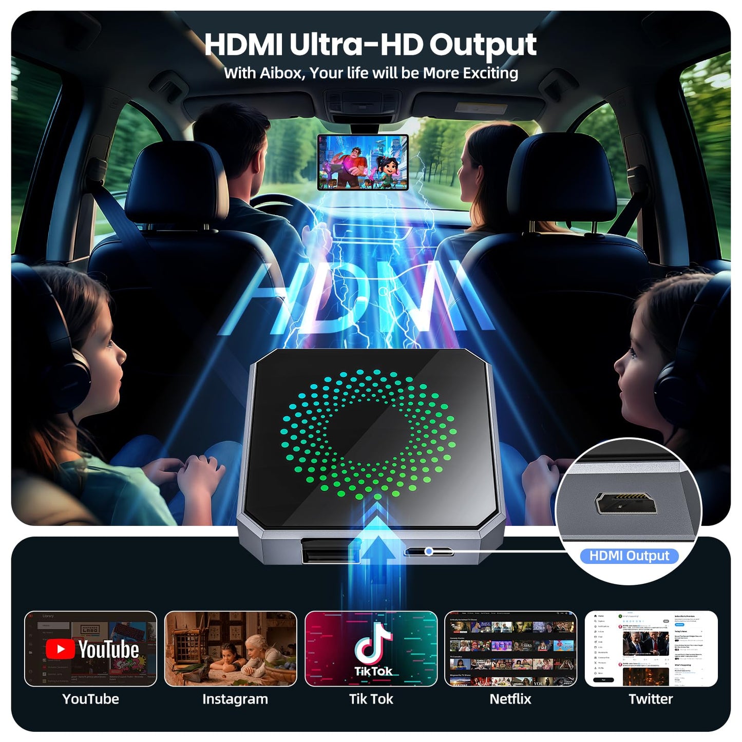 5-in-1 Wireless CarPlay & Android Auto Adapter with Netflix/YouTube, [Supports 4K HDMI Output & Screen Mirroring] - Plug & Play Car Play Wireless Smart AI Box for Cars with OEM Wired CarPlay/Auto