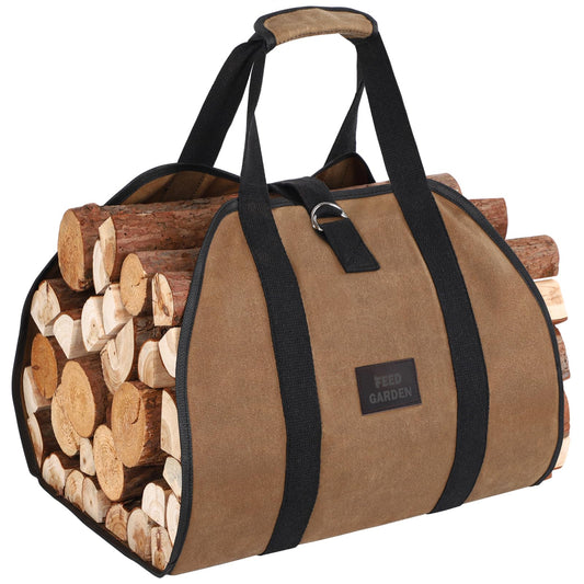 FEED GARDEN Firewood Carrier Bag Heavy Duty Waxed Canvas Log Carrier for Firewood Large Log Tote Fire Wood Carrying Bag with Handles for Easy Transport Carrying and Wood Stove Accessories