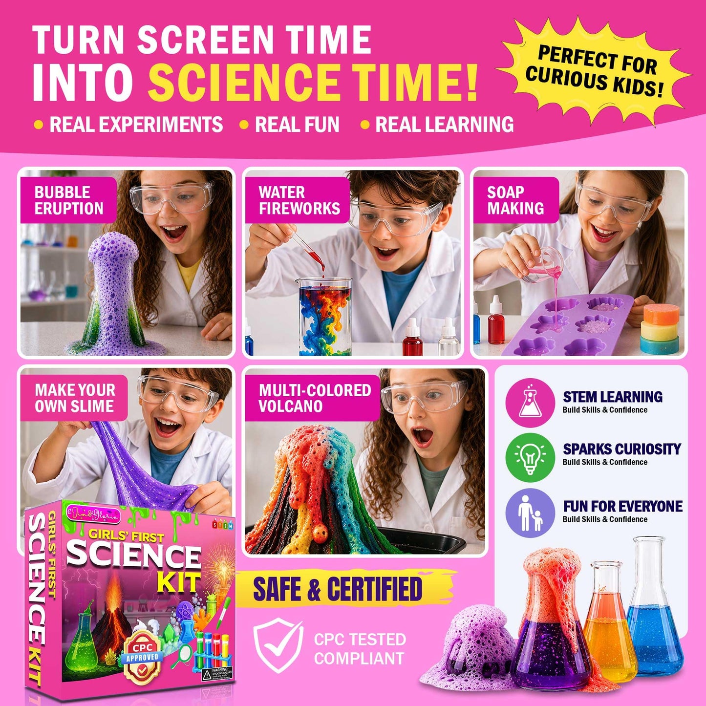 Jim&Gloria Science Kits for Kids Age 5-7 8-12 Year Old Birthday Gifts for Girls, Craft Supplies, Learning & Educational Toys, Stem Toys, Chemistry Set, Science Experiments for Kids Volcano Projects