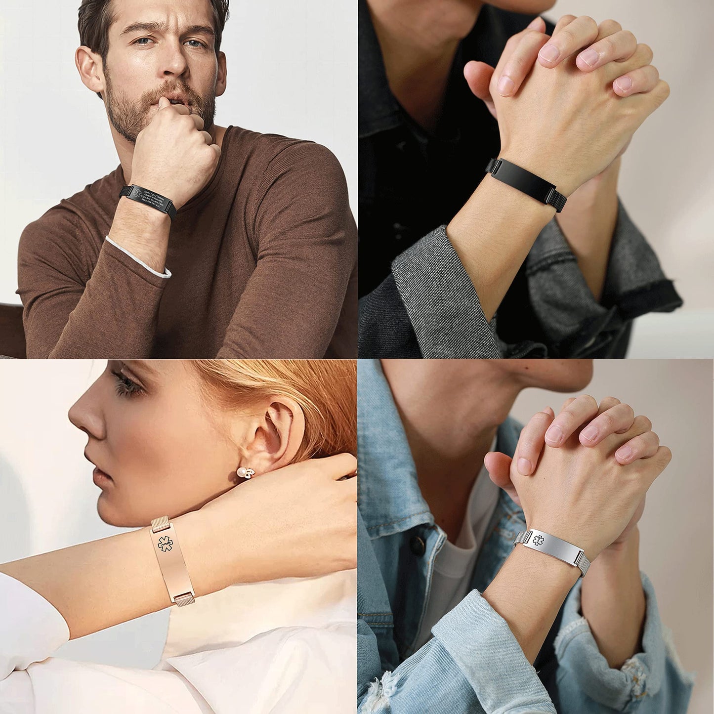VNOX Medical Alert Bracelets for Men & Women with Free Engraving Adjustable Stainless Steel Mesh Emergency Medical ID Bracelets Wristband,Black