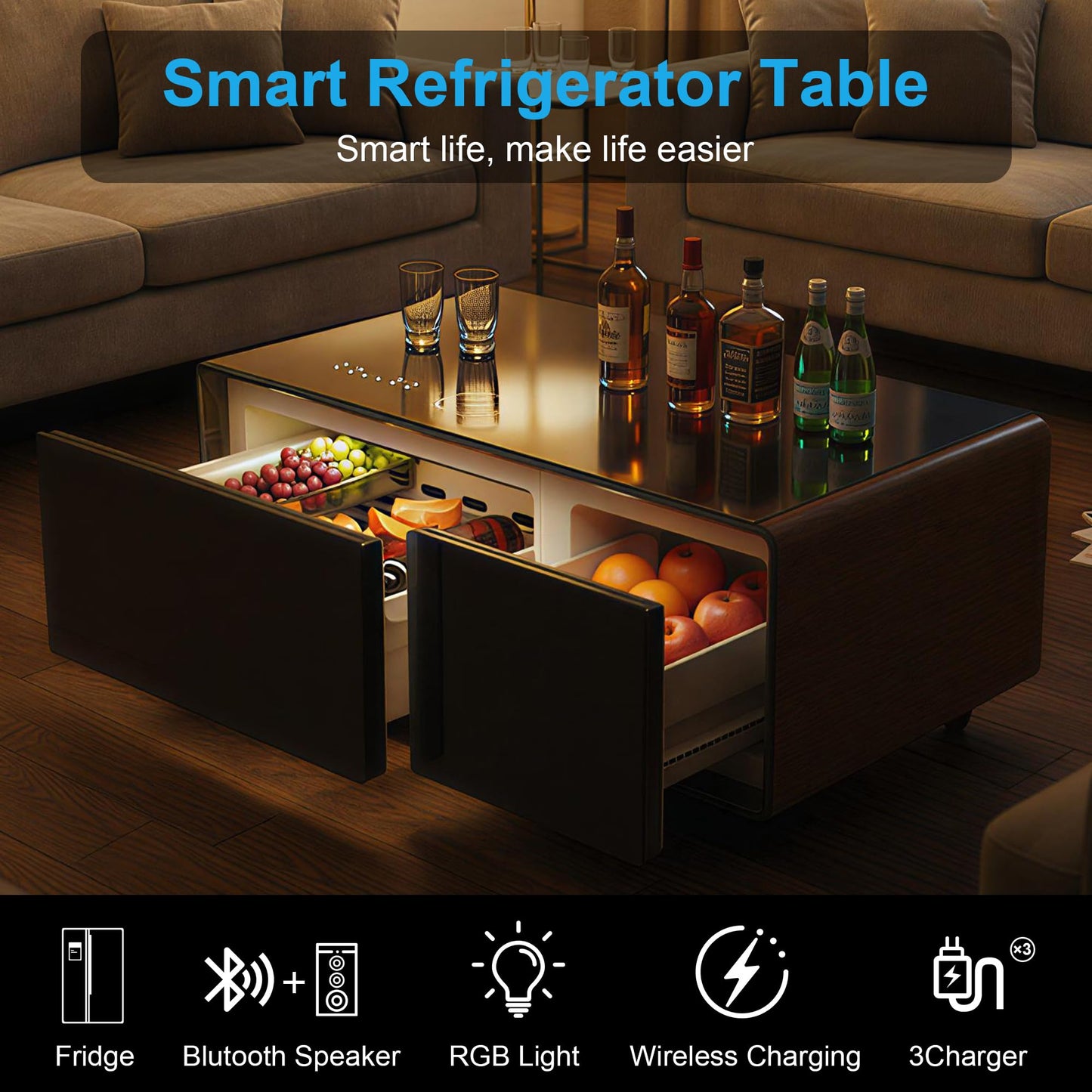 Smart Coffee Table with Fridge, Bluetooth Speakers, Wireless Charging, Modern Living Room Table with Dual USB, Type-C Ports, 23" D x 41.5" W x 18.2" H, Brown