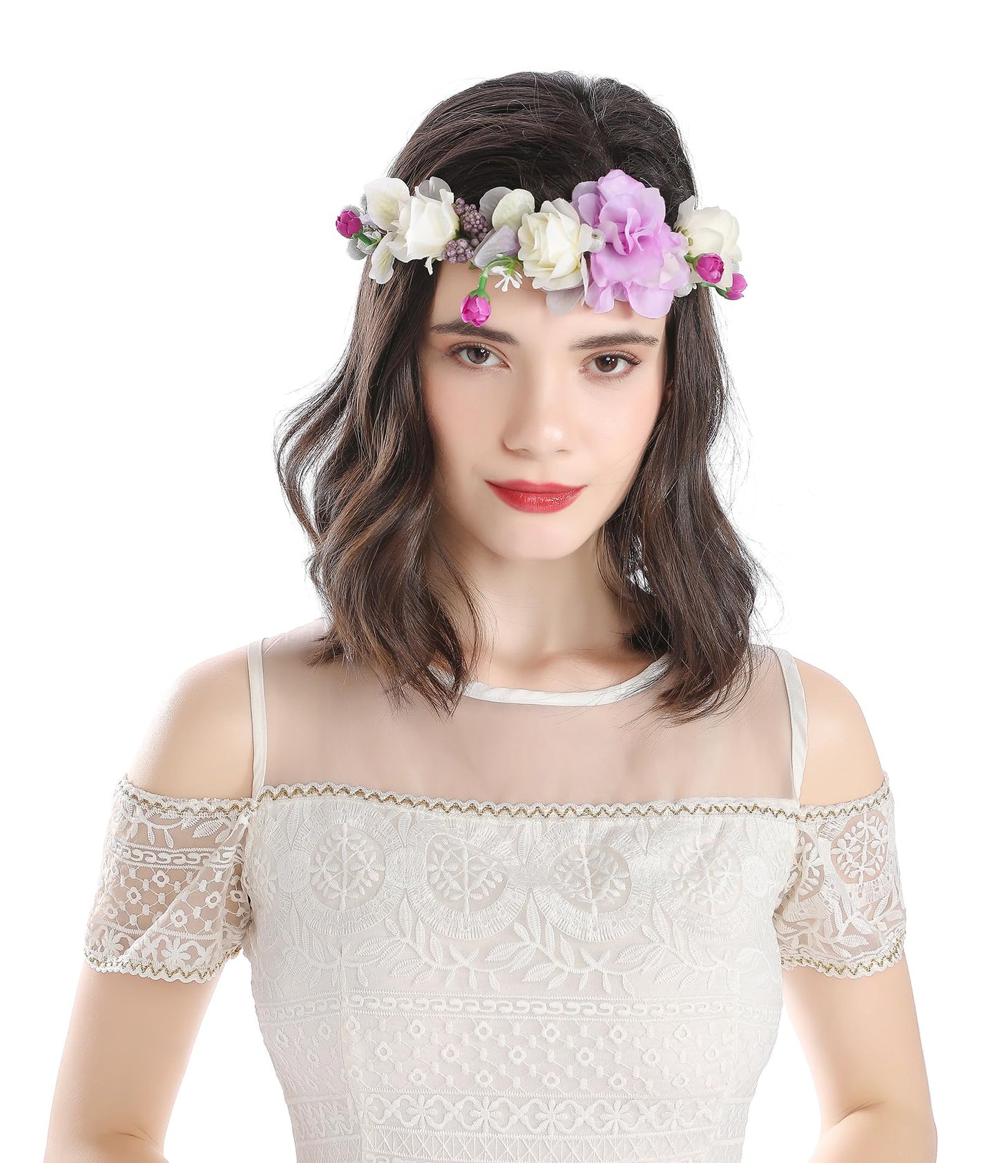 Vivivalue Floral Crown Headband Flower Headpiece Hair Wreath Floral Halo Boho with Ribbon Wedding Party Photos Prom Lavander