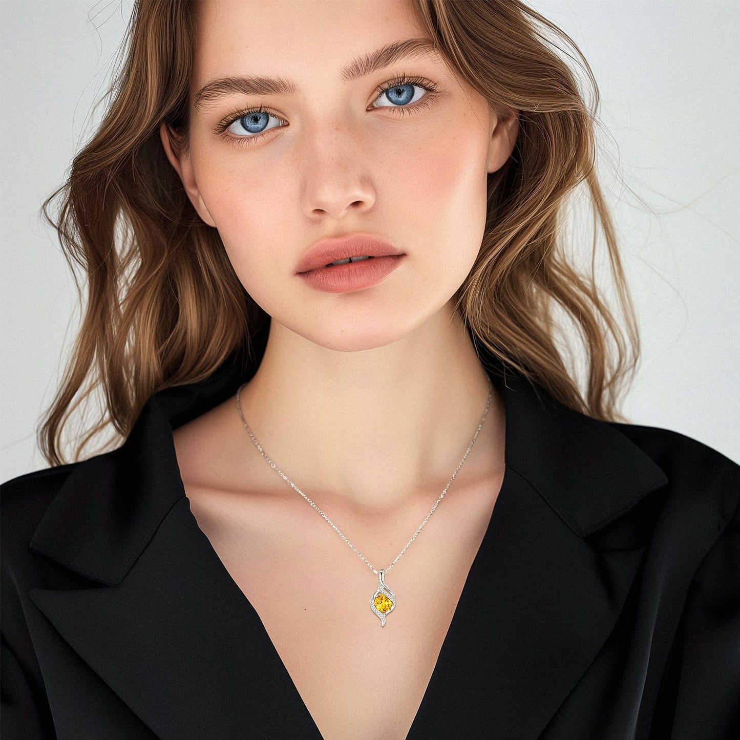 FANCIME November Birthstone Necklace for Women Round Citrine Necklace S925 Sterling Silver full Love Birthday Gifts for Mom Women, 16"+2" Inches