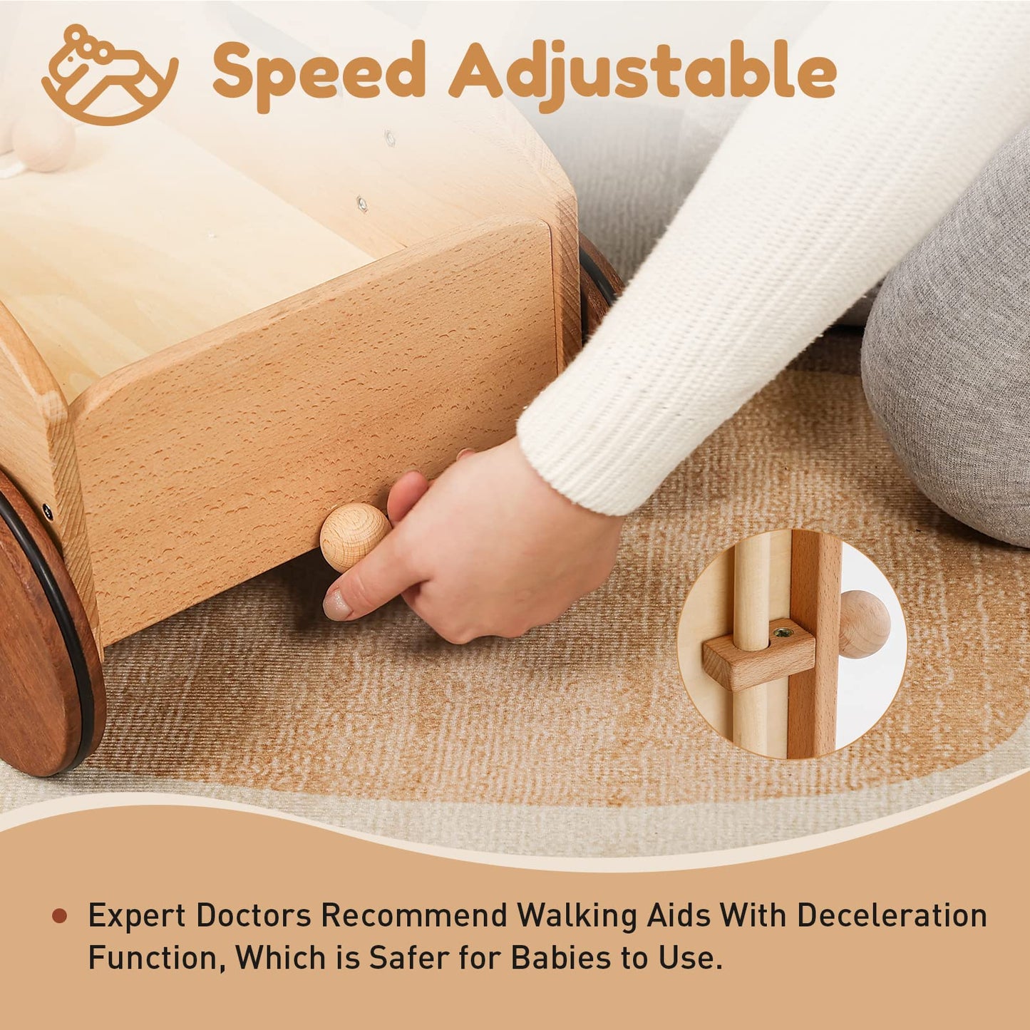 Woodtoe Wooden Baby Walker for Toddlers, Adjustable Speed Push Toys for Babies Learning to Walk, with Wooden Building Blocks Set for Kids, 24 PCS Rainbow Gem Cubes Stacking Blocks