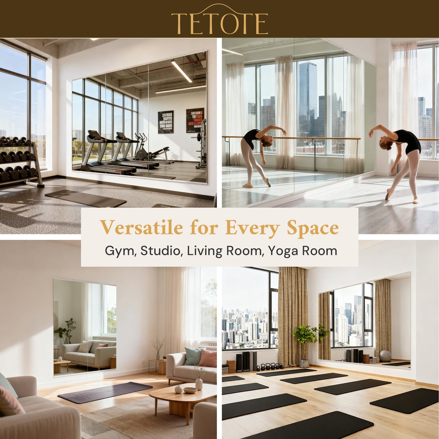 TETOTE Home Gym Mirror 72" x 36" - 1PC Large Tempered Glass Workout Mirrors for Home Gym, Exercise Fitness Wall Mounted Frameless Full Length Mirror for Garage, Dance Studio, Yoga, Living Room