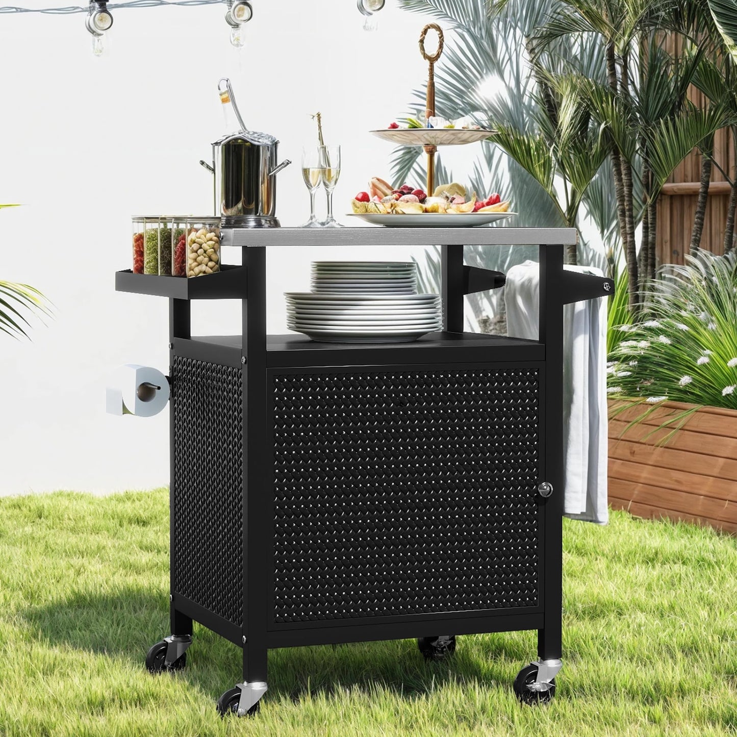 DWVO Outdoor Grill Table,Outdoor Kitchen Island with Stainless Steel Top and Wheels,Grilling Cart for Kitchen Prep,BBQ,Grilling Accessories