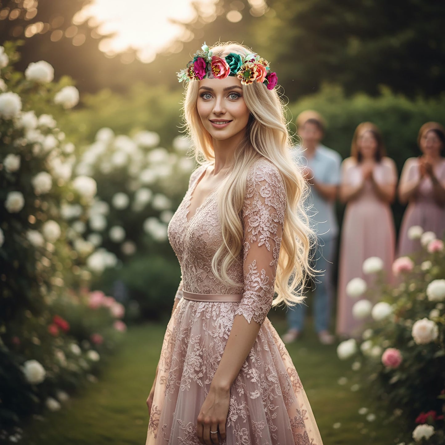 LLinfflr Women Floral Crown Flower Garland Headband Hair Wreath Floral Halo Headpiece Boho with Ribbon Wedding Party Photos