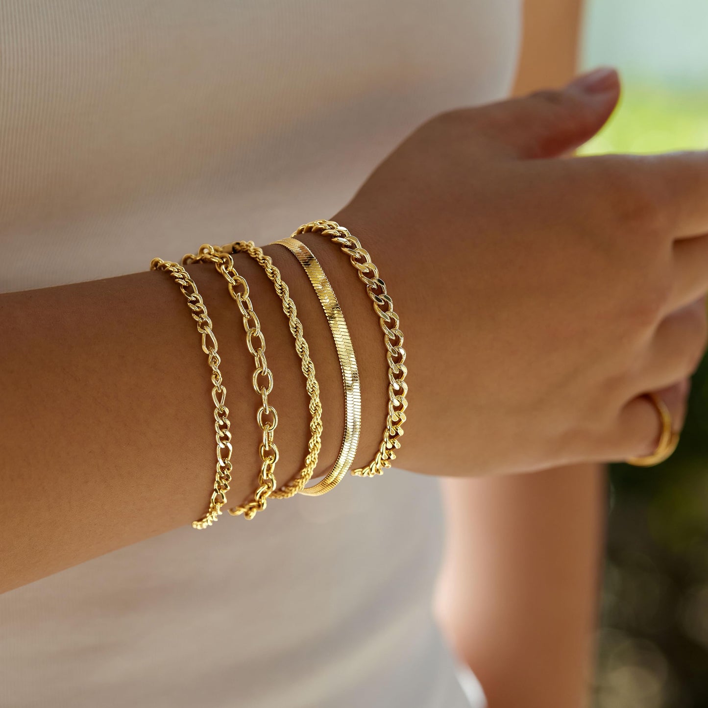 Gold Bracelets for Women 14K Gold Plated Stainless Steel Waterproof Non Tarnish, Dainty Stackable Bracelet Set for Women, 5 Pcs Layered Figaro Paperclip Herringbone Rope Cuban Chain Jewelry Birthday Gifts