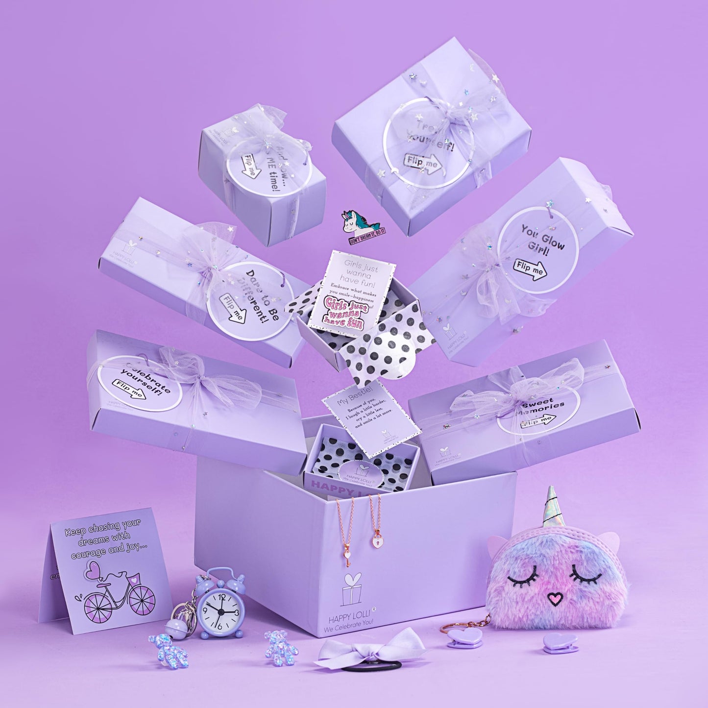 HAPPY LOLLI Purple LolliBox Gift Set for Tween & Teen Girls Ages 8–15, Birthday Gift Box, Ready-to-Gift Surprise Box with 8 Individually Wrapped Gifts & Empowering Challenges